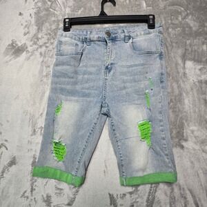 Manfinity Mens Light Wash Distressed Neon Green Ripped Denim Shorts Size M